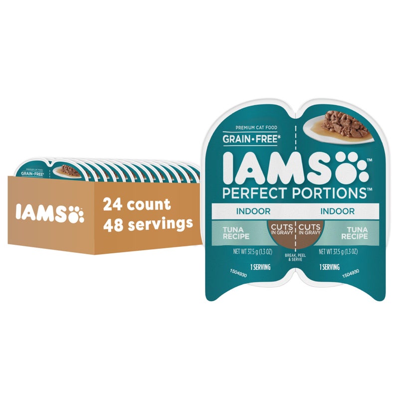 IAMS Perfect Portions Indoor Adult Wet Cat Food Cuts in Gravy, Tuna Recipe, 2.6 oz. Easy Peel Twin-Pack Trays (24 Count, 48 Servings) - Image 1